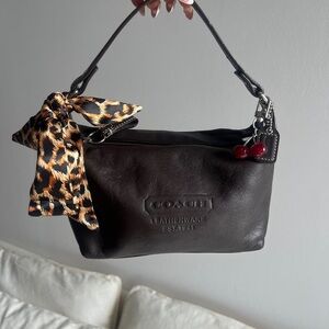 Coach Black Leather Shoulder Bag with Cherry Charm and Leopard Scarf